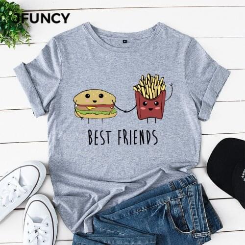 JFUNCY Burger Fries Best Friends Summer Plus Size Women T-shirt 100% Cotton Cartoon Printed Graphic Tees Tops Funny Woman Tshirt