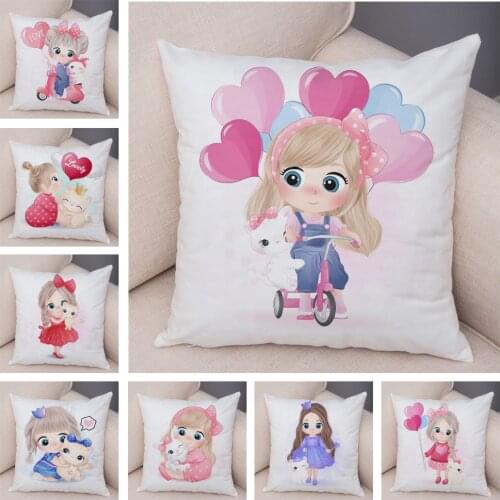 Cute Cartoon Girl and Cat Pillowcase Decor Lovely Animal Cushion Cover for Children Room Sofa Home Plush Pillow Case 45x45cm