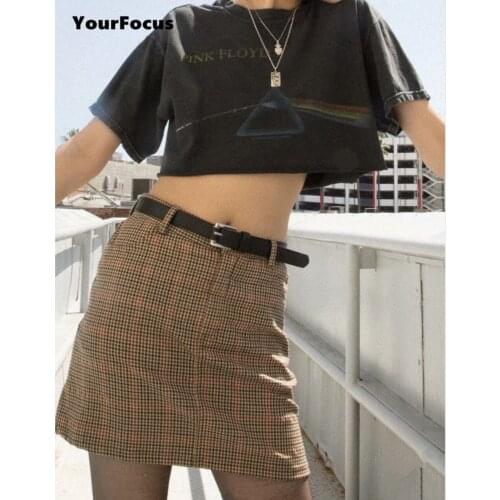 Vintage retro ins hot streetwear khaki houndstooth small plaid skirt A-Line mini short high waist skirt women