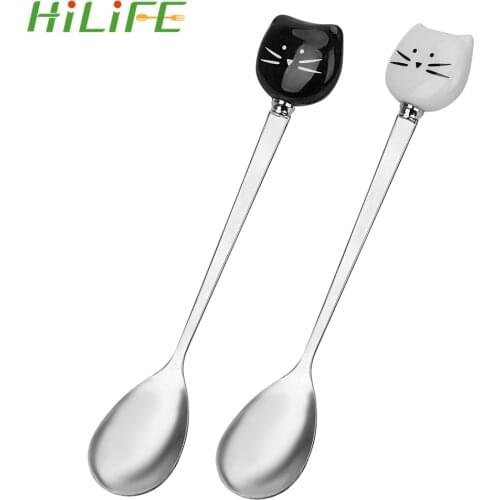 HILIFE Cartoon Spoon Flatware Stainless Steel Cat Ceramic Handle Coffee Ice Cream Sugar Tea Dessert Spoons Kitchen Tool
