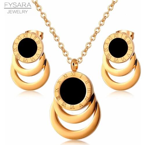 FYSARA Roman Numer Three Circels Earrings Short Necklace for Women Brand White Shell Black Jewelry Set Gold Color Wedding Gift