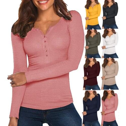 Autumn Style Sexy V-Neck Shirt Ladies Slim Long Sleeve Button Down Solid Basic Shirt Women Skinny Henley Tee Tops