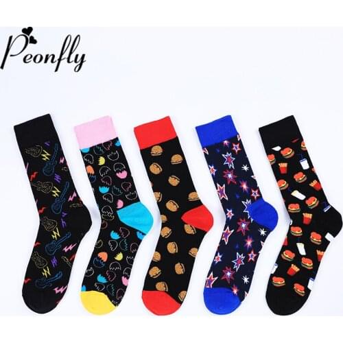 Peonfly Guitar Funny Burger Egg Food Happy Casual Combed Cotton New 2020 Autumn Winter Men Socks