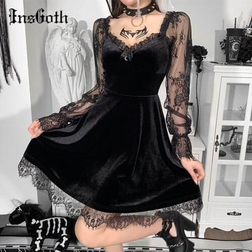 InsGoth Goth Moon Sexy Black Dress Grunge Dark V Neck Aesthetic Vintage Mini Dress Harajuku Long Sleeve Women Autumn Partywear
