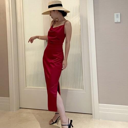 Summer Women Satin Spaghetti Strap Dress Sexy Split Solid Slim Lady Temperament Vintage Wear Dresses New dresses women