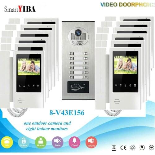 SmartYIBA 4.3'' Wired Video Intercom 12 Monitors Doorbell For House/Family+RFID Keyfobs Video Door Interphone IR Intercom Kits