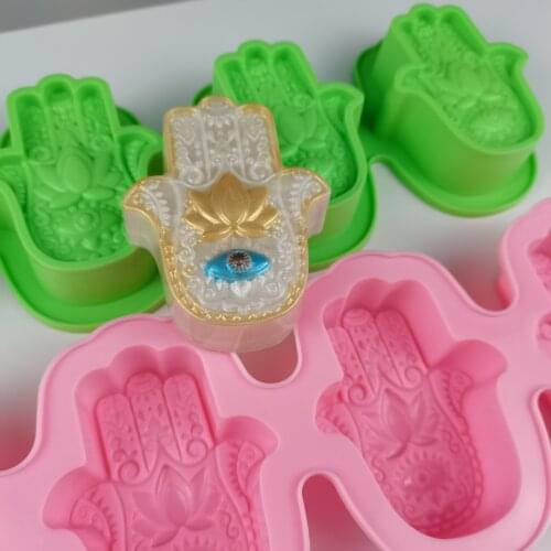 PRZY 4 Cavities HAMSA Lotus in The Palm Silicone Soap Mold Khamsah DIY Silicone Mold for Soap Making Hand of Fatima Mascot Mold