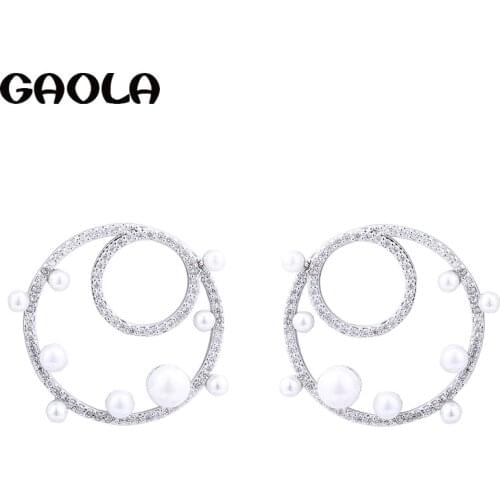 GAOLA High Quality Round Cubic Zirconia Stud Earrings Women Fashion Imitation Pearls Earring GLE6882Y