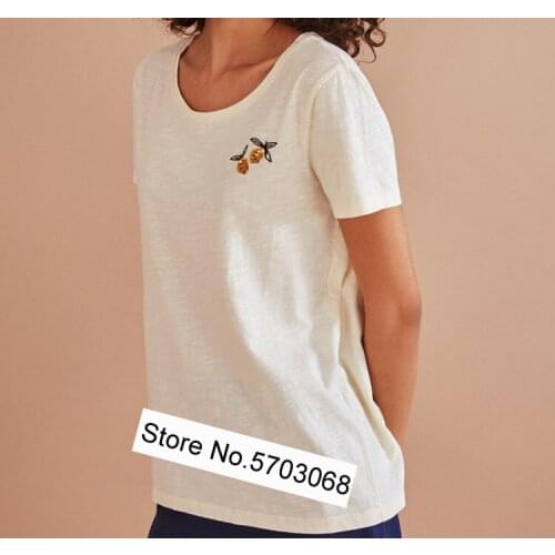 Elfstyle Ladies Cotton Round Neck Short Sleeve Tees Top With Lemon Embroidery Applique Detail - Women O Neck T-shirt
