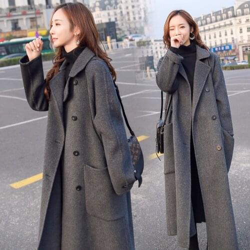 2020 Autumn Winter New Woolen Jacket Women Black Gray Suit collar Popular Loose Warm Long Overcoat Double breasted Female Coats