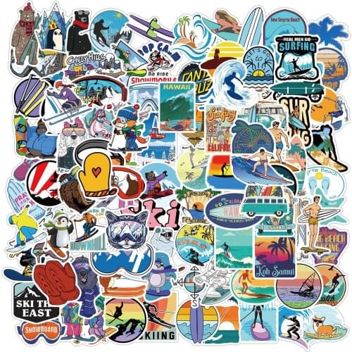 100 Pcs Surfing and Skiing Cartoon Graffiti Stickers Notebook Trunk Door Decoration Stickers