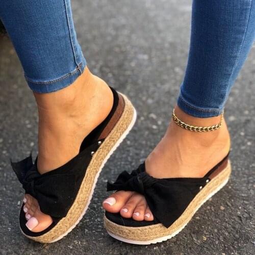 2020 Leopard Bow Sandals Summer Flat Shoes Sliippers Butterfly-knot Shoes Women Designers Wedge Heel Ladies Beach Party Sandals