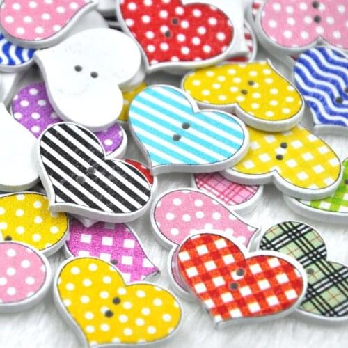 50Pcs/Set Sewing Scrapbooking Multicolor Stripe Dot Heart Botones 2 Holes Mixed Color Fabrics Wooden Printing Buttons WB337