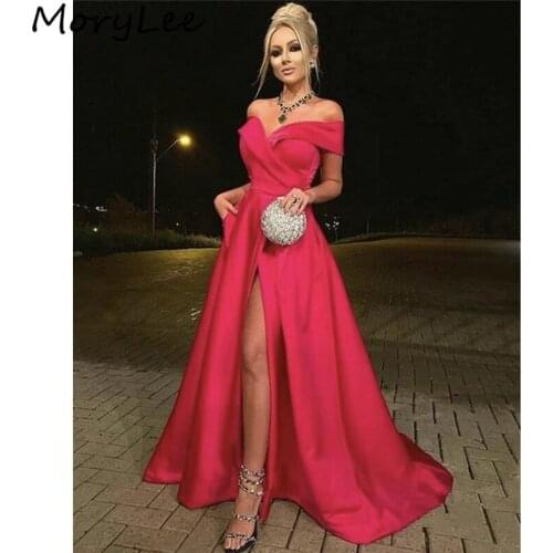 Evening Dresses vestidos de fiesta de noche V-Neck Off The Shoulder Floor Length Sweep Train Side Slit Satin Evening Dress