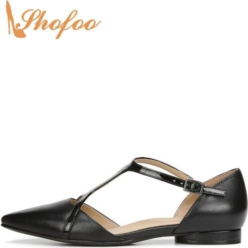 Black T-Strap Pionted Toe Flats Woman Buckle Strap Solid Large Size 11 16 Female Ladies Summer Shoes Mature Fashion Shofoo