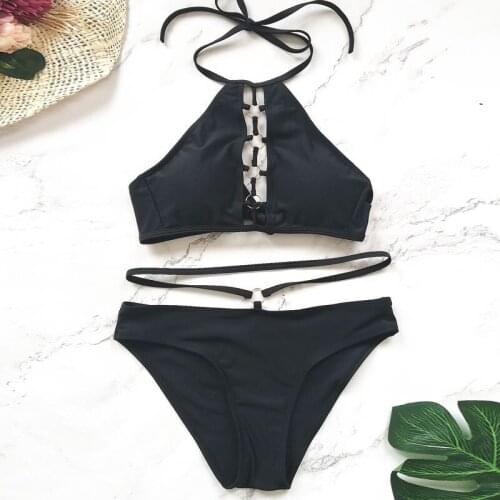 Black Bikini Halter Swimwear Women 2019 Crystal Thong Bikini set Brazilian Summer swimsuit Bandage Bathing Suit