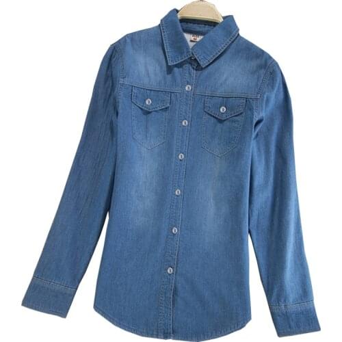 Add new Size S-3XL Cowboy Pure cotton blue joker loose coats European women Long Sleeve Denim shirts X-long