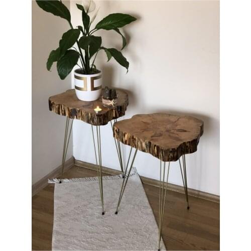 2'li Gold Flip Natural Wood Log Zigon Coffee Table