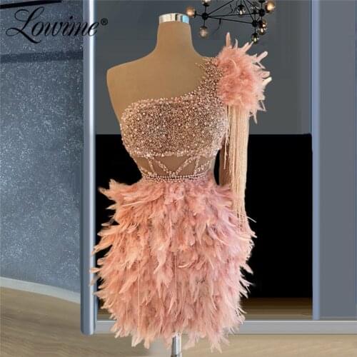 Lowime Pink Feathers Cocktail Party Dresses Vestido Knee Length Evening Dress Couture Beading Tassel Engagement Prom Gowns 2021