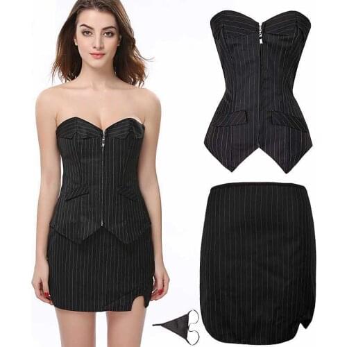 Corset Dress Suit Fish Boned Korsett For Women Office Lady Everyday Club Wear Bustier Zip Up Gorset Top & Pencil Skirt Plus Size