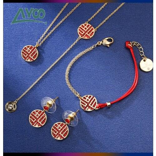 Fashion Jewelry SWA High Quality Red Chinese New Year Blessing Necklace Simple Bracelet Earring Set Decoration Romantic Gift