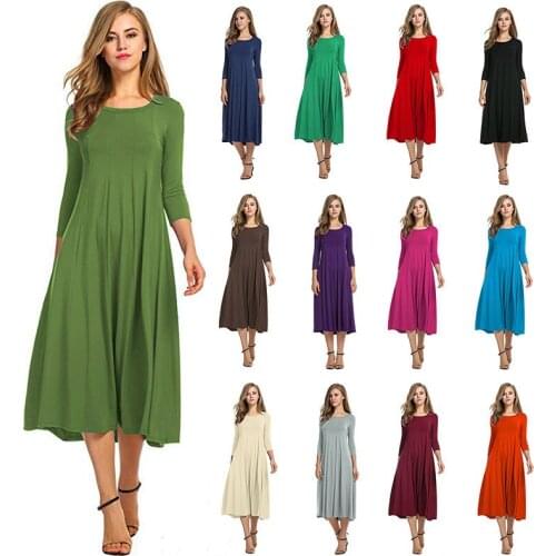 Three Quarter Sleeve Dresses For Women Casual Autumn Pleated Midi плать Elegant O neck Party Femme Robe 2020Plus Size Girl dress