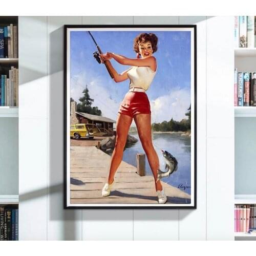 Sexy Fishing Girl Pop Art Pin-Up Vintage Poster Classic Retro Kraft Decorative Map Wall Canvas Sticker Home Bar Posters DIY Deco