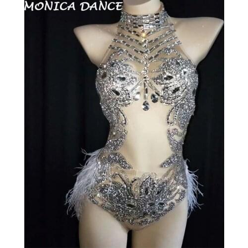 Sexy Sparkly Silver Crystals Mesh Bodysuit Feather Leotard Outfit Women Bar Dance Stage Party Dance Costume Celebrate Costumes