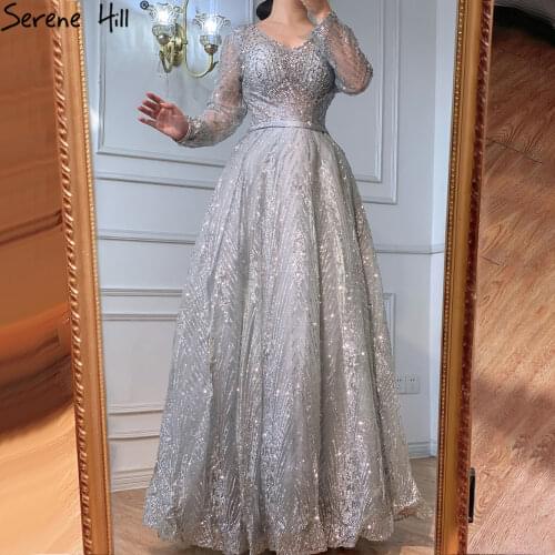 Serene Hill Ｍuslim Luxury Grey Evening Dresses Gowns 2021 A-Line Beading Long Sleeves For Woman Wedding Party LA70819