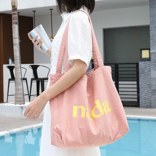 Japanese Letter Printed Shoulder Bag Washed Canvas Casual Art Handbag Large Capacity Fashion