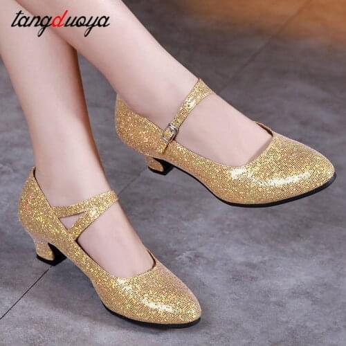 Professional women latin dance shoes woman high heel tango salsa dance shoes glitter closed toe ballroom shoes gold silver