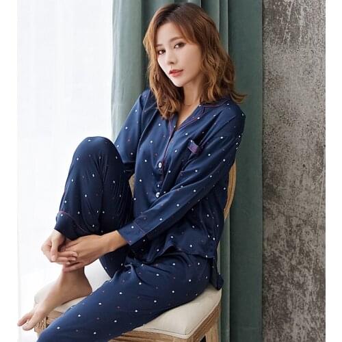 Spring Autumn Ice Silk Pajama Female Simple Sets Long-Sleeve Satin Silk Homewear Women Sleepwear Dark Blue 9952F
