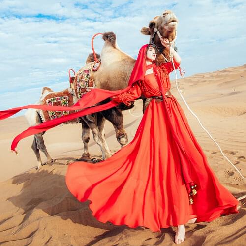 Red Vintage Long Sleeve Tassle Split Autumn 2 Piece Tank Top Maxi Dress Women Chiffon Gypsy Hippie Beach Long Gorgeous Dresses