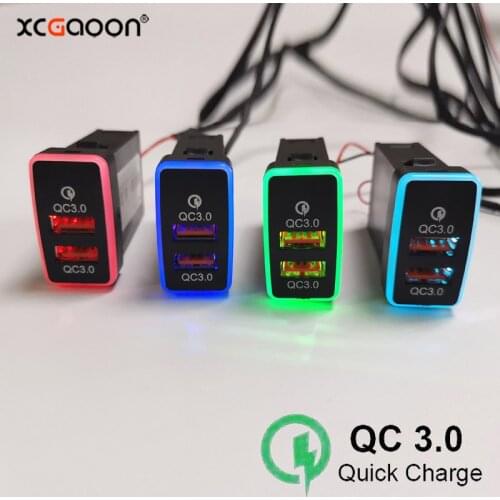 XCGaoon QC3.0 Quick Charging Car Socket Charger 2 USB Ports Adapter Plug & Play Cable For TOYOTA, Blue / Red Backlight