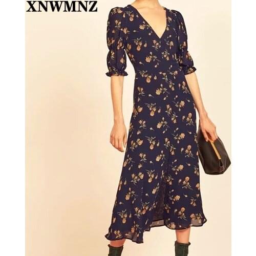 XNWMNZ Za 2021 Fashion half Sleeve women midi Dress Woman Vintage Floral Print Navy split opens Dresses France Chiffon vestidos