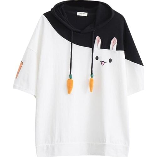 Merry Pretty Women Hooded T-shirt Kawaii Rabbit Long Sleeve Patchwork T-Shirt Cotton Carrot Drawstring Bunny Graphic Tops Girls