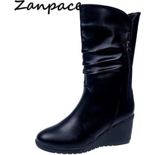 ZANPACE Winter New Womens Boots Large Size 35-42 Round Head Wedges Shoes High Heeled Martin Boots Zipper Fashion Shoes