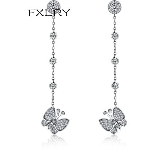FXLRY New Elegant White Color Cubic Zircon Butterfly Long Earrings For Women Fashion Jewelry Free Shipping