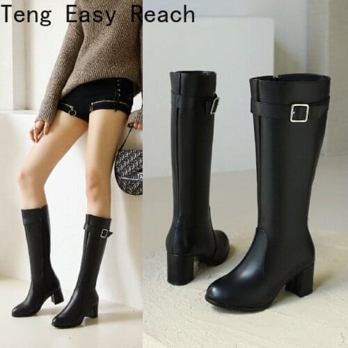 Round head PU Leather Knee High Boots for Women Comfortable Thick Heel Ladies Boots Side Zipper Women Winter Boots Black White
