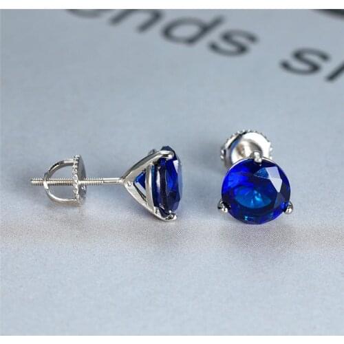 Natural Blue Sapphire Stud Earrings Cute Female 6/7/8mm Stone 925 Sterling Silver Earrings For Women Small Screw Back Earrings