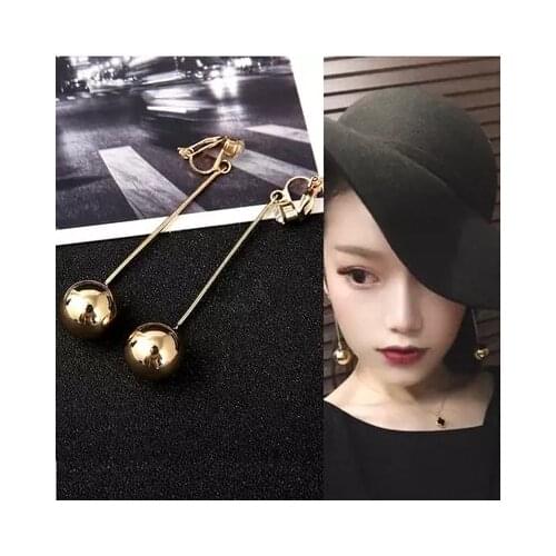 Vintage fashion simple metal ball long tassel earrings no pierced ear clip ear cuff for women lady gothic punk jewelry