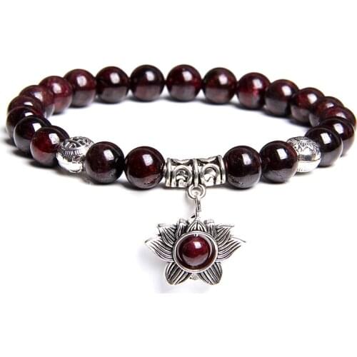Women Bracelet Natural Garnet Stretch Bracelets Men Fashion Lotus Charm Bracelets Women Stone Beads Buddha Jewelry Femmes Bijoux