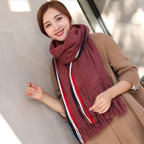Fashion Autumn and winter warm red white blue color stripes tide ladies tassel long section thick knit warm women cashmere scarf