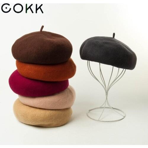 COKK Wool Beret Autumn Winter Hats For Women Ladies Hats Painter Cap Elastic Band Beret Femme Solid Color High Quality Vintage