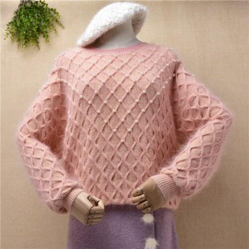 Top quality female women vintage beading angora rabbit fur knitwear pink loose pullover Fall winter sweater mink fur jumper pull
