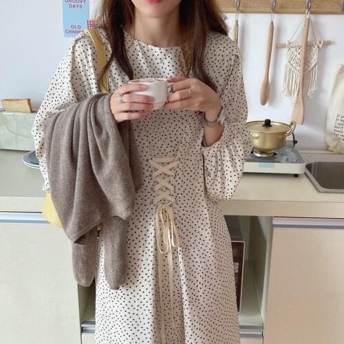 2020 Women Autumn Full Sleeve Dot Long Bandage Vintage Dress Round Collar Lantern Sleeve Pullover Midi Dresses Slim Waist