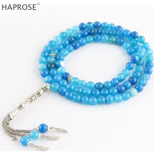 100% Natural agate tasbi necklace Round Shape Prayer 99 beads Islamic Muslim tasbih Allah Rosary blue agate 6-10mm free shipping