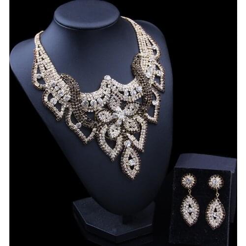 2018 Wedding Jewelry Black Crystal Rhinestones Flower Necklace Earrings set for Women Plant Party African Bridal Jewelry sets