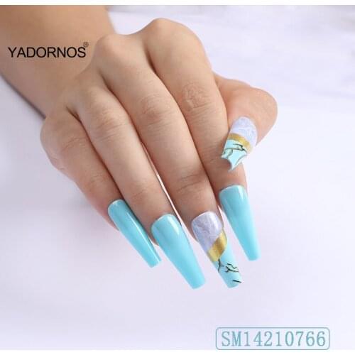 24pcs Artificial Nails Blue Nail Patch Glue Type Removable Long Paragraph Fashion Manicure Save Time False Nail Patch Ty