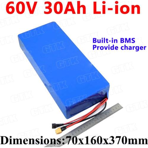Capacity E bike battery 60v 30Ah lithium battery 30A discharge 60v30ah 1500W with BMS for electric vehicle ebike 2000w + charger